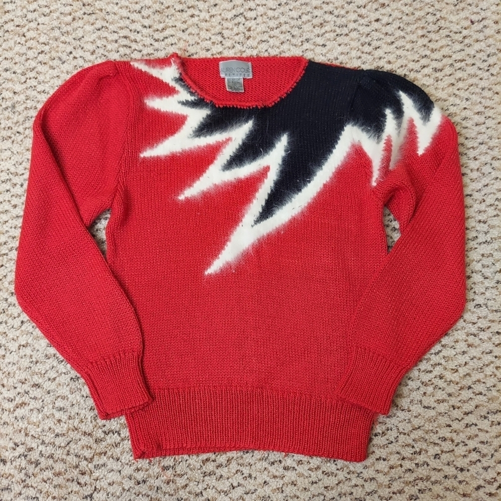 VTG Lauren Cole Knit Sweater Womens PS Red Black White Color Block Angora 80’s